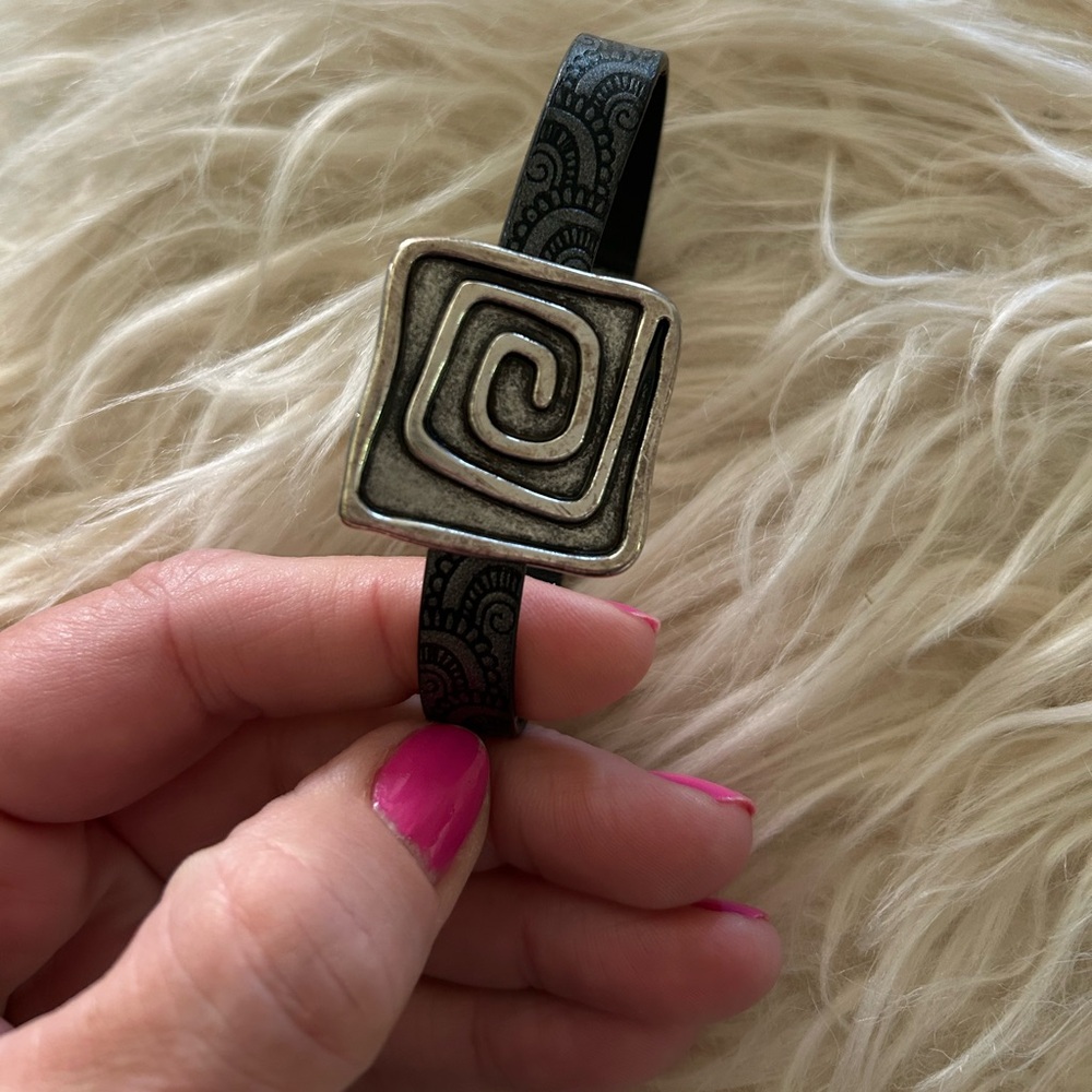 Magnetic leather bracelet. Artist made. Dark grey leather band. Swirl design.